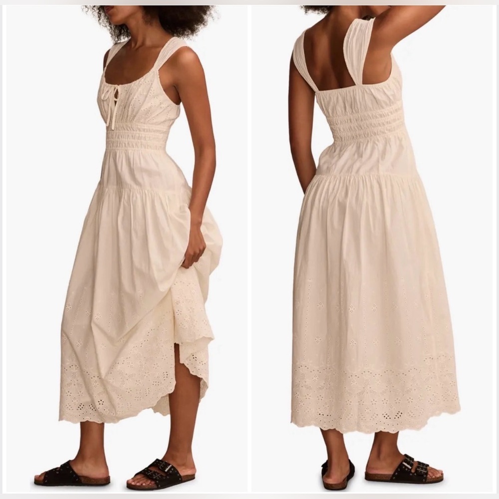 🎒LUCKY BRAND Light Cream Eyelet Midi Dress with Smocked Back size L GUC